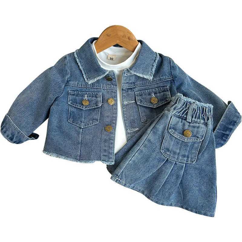 Girls Vintage Denim Set Fall Collar Jacket Ruffled Skirt Retro 2Piece Toddler Outfit Toddler Girl Clothes L2509267058