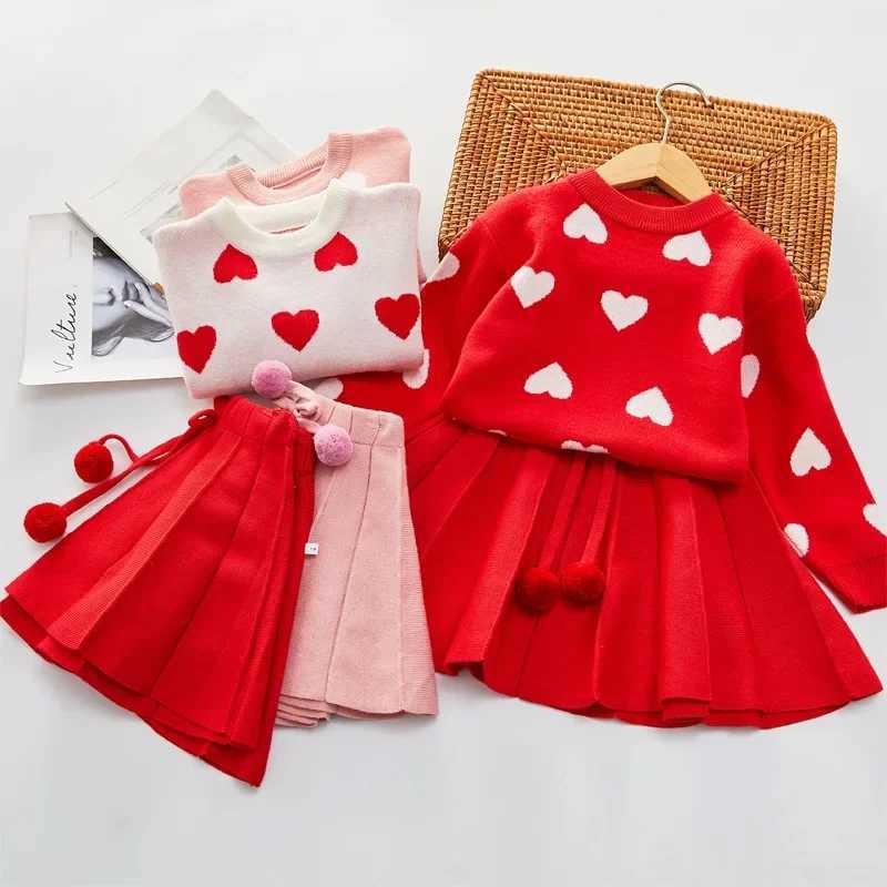FallWinter 2024 New Love Sweater Set Girls Clothing Sets Baby Pullover Top Pleated Skirt Set Cute Girls Fashion Kids Outfit L2509264839