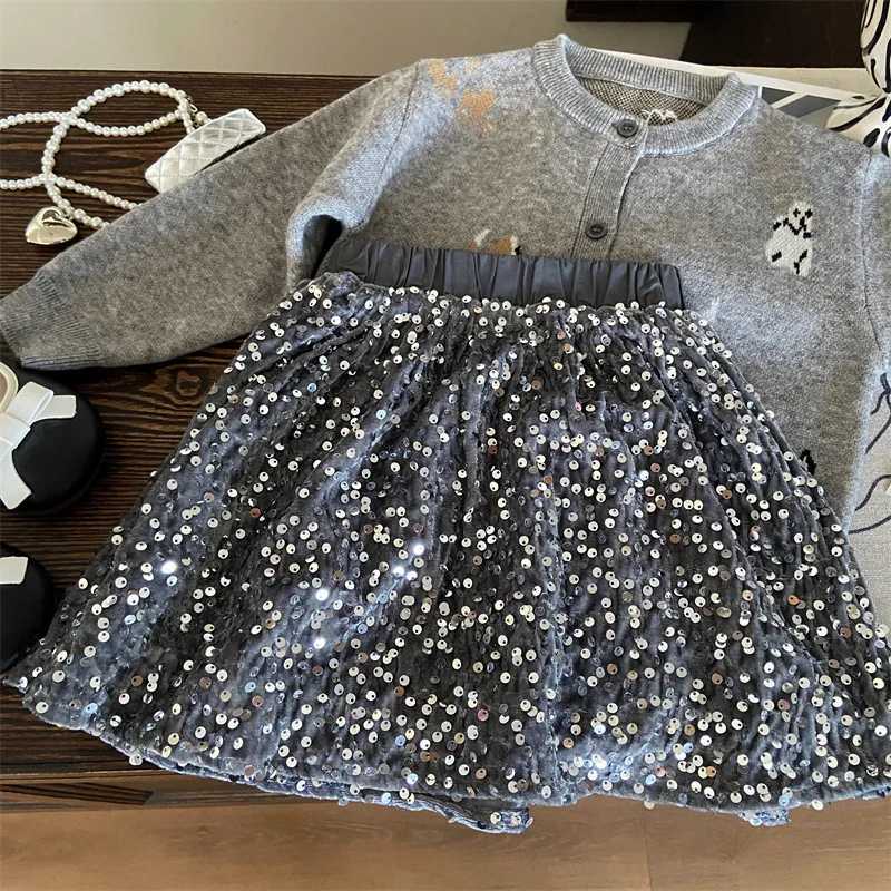 Childrens Clothing New Autumn Girls Puppy Knitted Cardigan Childrens Stylish Sequin Skirt TwoPiece Set Trendy L25092672TL