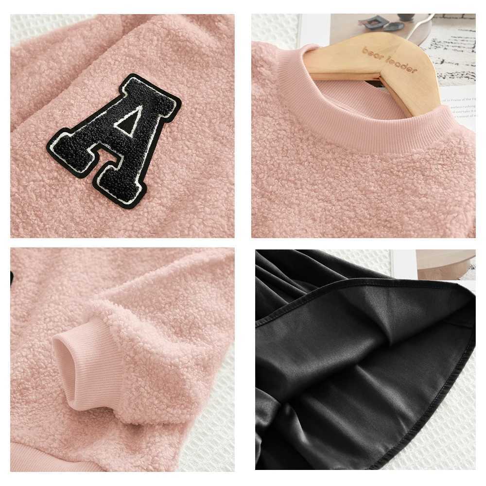 Bear Leader Pink Girls Set Autumn Winter Long Sleeved Aline Decorative TopSolid Color Short Skirt Kids Fashion Casual Wear L250926A4X5