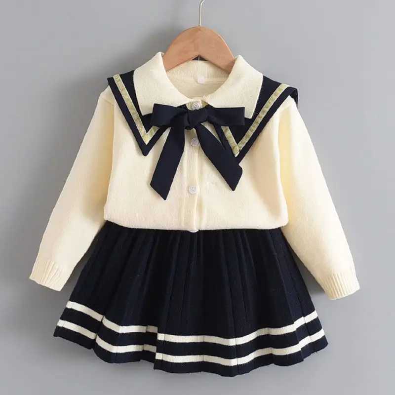 Girls 2025 JK Uniform Set Childrens SpringAutumn Knitted Cardigan Skirt 2piece Set Kids School Breathable Clothing Set LH733 L250926HOYP