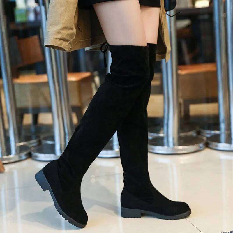 Faux Suede Female Heels Autumn Winter Elastic Knee-high for Women Tube Lace-up Thigh Boots Black Botas