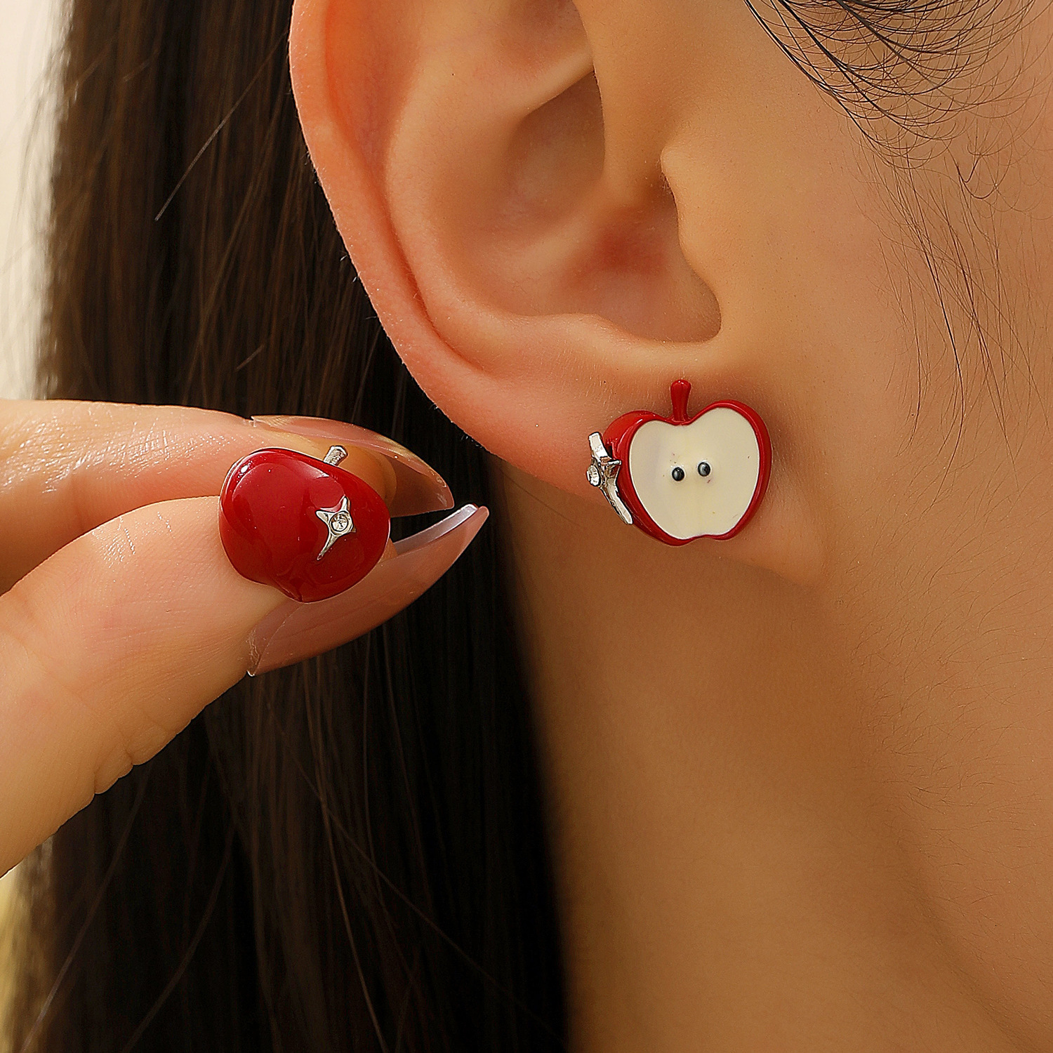 Summer Dopamine Core Beaded Colorful Necklace for Women Sweet Cool Spicy Girl Versatile Collarbone Chain Green and Red Apple Earrings