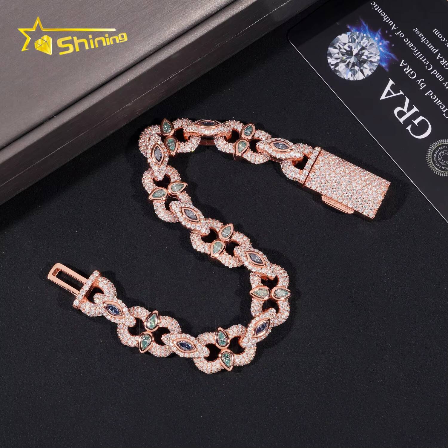 Hot Sale Hip Hop Blue Green Colored Marquise 925 Sterling Silver VVS Moissanite Iced Out Bracelet Men Women