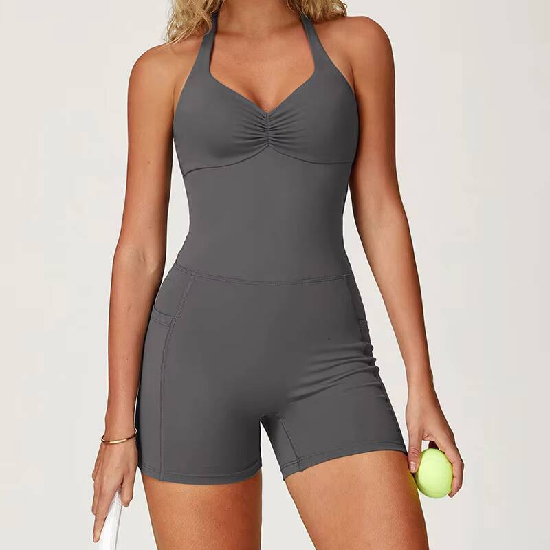 2025 New Design Halter Neck Sexy Back Women Jumpsuit Slim Fit Scrunch Butt Tummy Control Fitness Workout Playsuits With Pockets