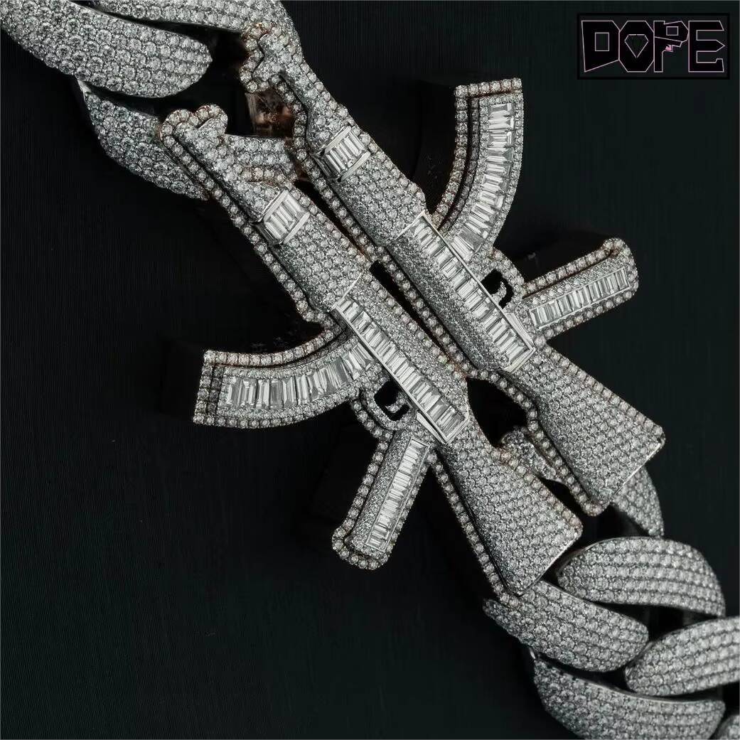 New Design 20mm 4 Rows Cuban Chain 925 Silver AK47 Charm Customized Trendize Necklaces Moissanite Cuban Chain
