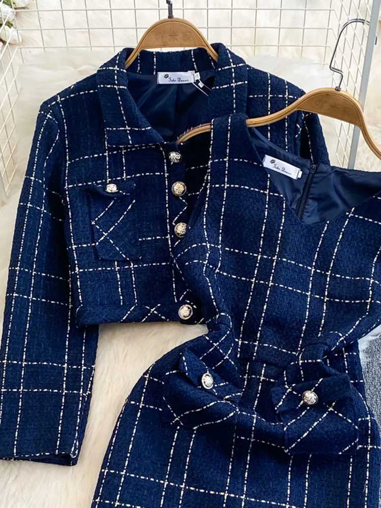 Autumn Dress Suit Women Luxury Korean Chic Blue Tweed Jacket Vest Dress Elegant 2 Piece Set Long Sleeve Cropped Coat L250926M703