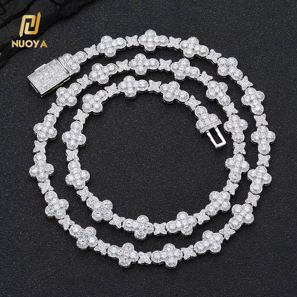 NUOYA Gold Plated Full Pave Zircon Choker Necklace Iced Out Diamond Cross Link Chain Flower Design Shiny Hip Hop Jewelry
