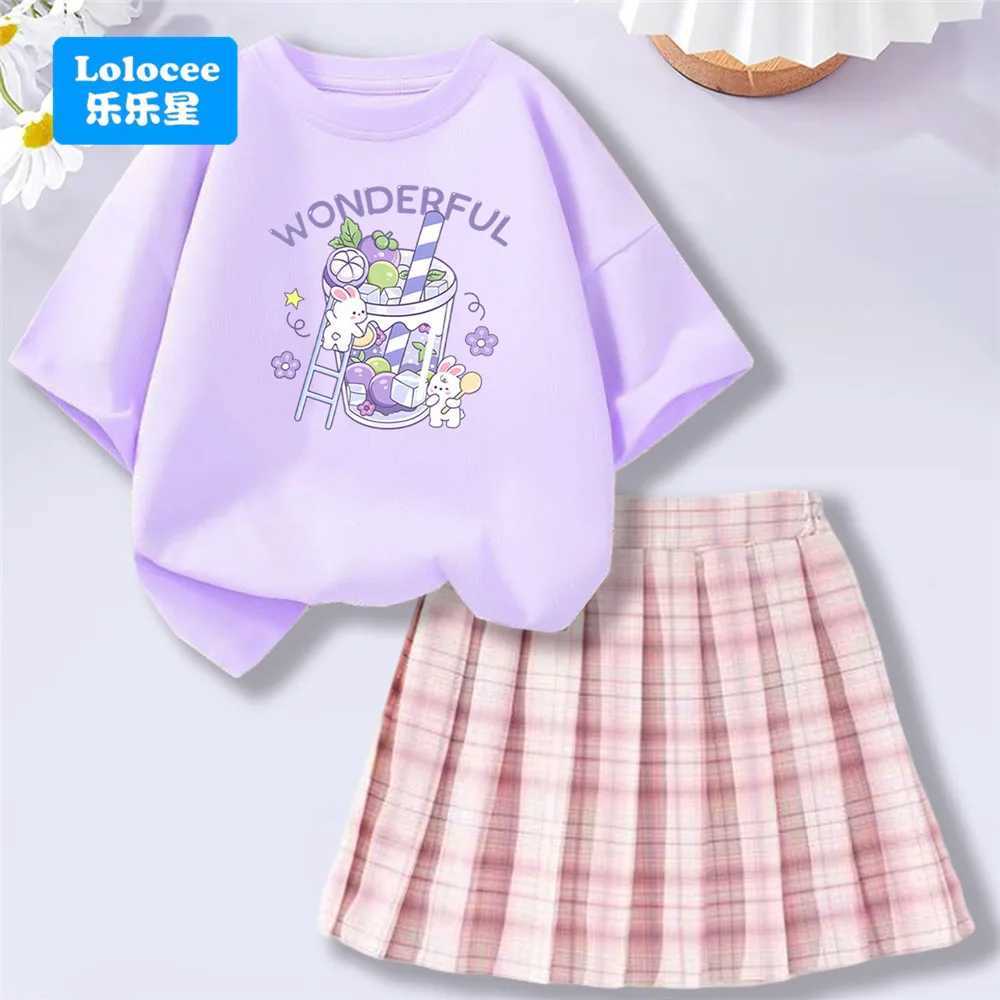 Lolocee Summer Girls 2 Piece SetShort Sleeve Fresh Drink Bunny Print Top Pink Plaid Skirt OutfitTrendy Childrens Fashion L2509262KBT