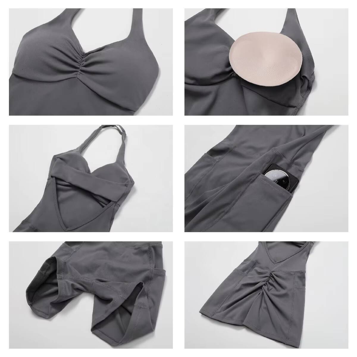 Womens Ruched Halter Neck Adjustable Yoga Shorts Bodysuits V Back Fitness Sports Rompers Athletic Yoga Jumpsuit with Pockets