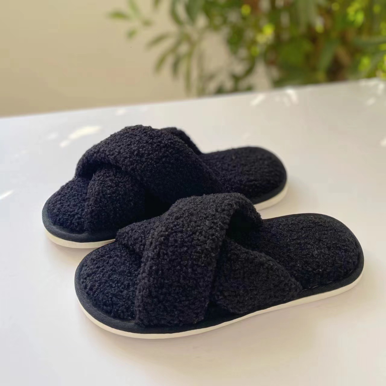 Cross Strap Cotton Wool Home Comfortable Plush Slippers ddmymarket