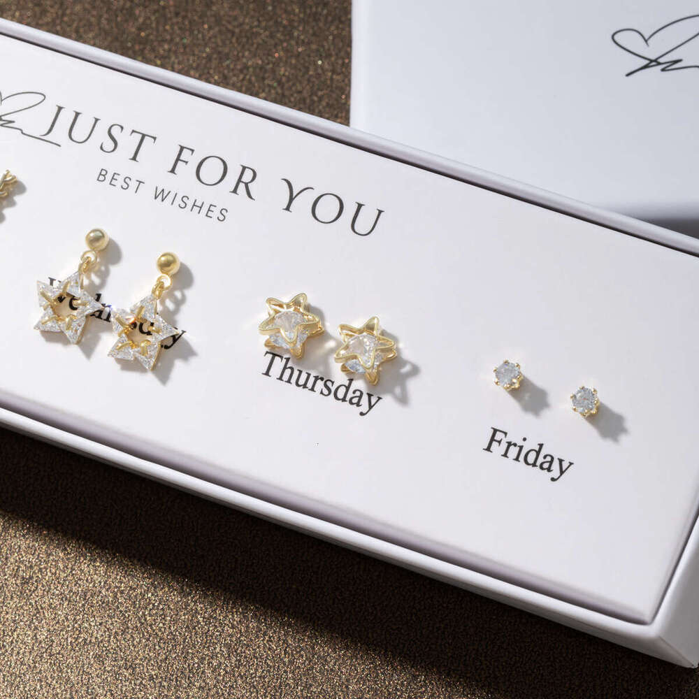 24 New Set S Sier Needle Jewelry for Women Little Cat Heart Earrings Weekly Series