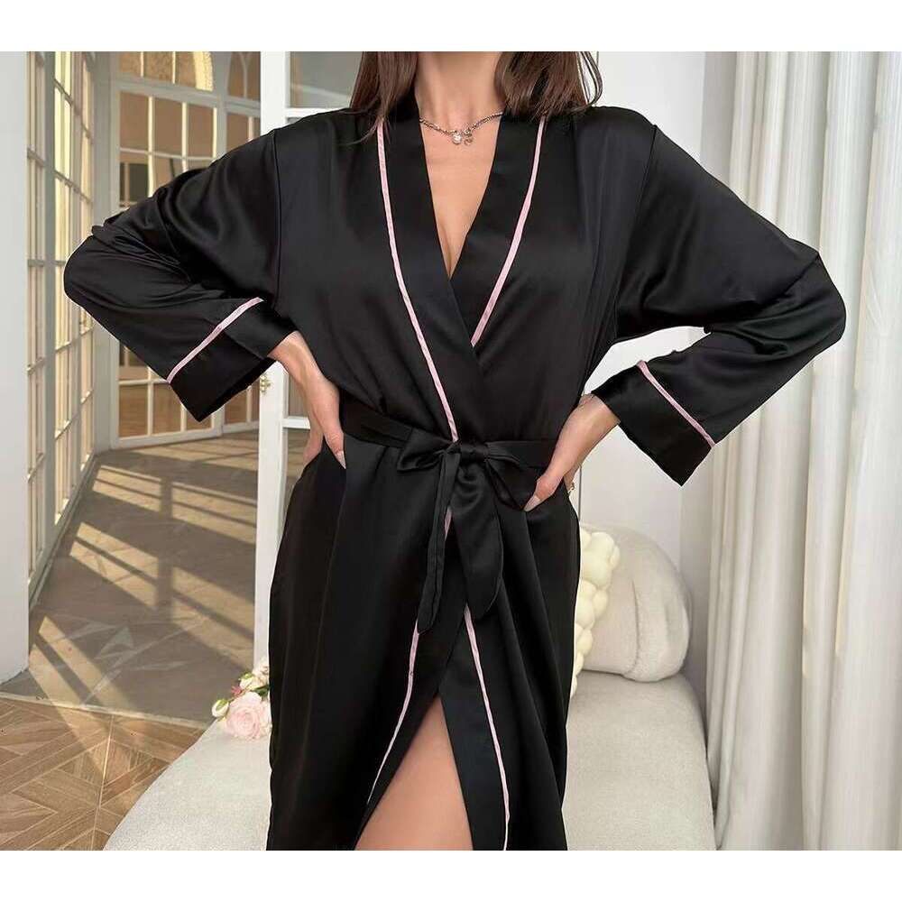 High end satin sleepwear robe, simulated silk fabric, tie waist design, is an ideal choice for sleepwear and bridal preparation, and a must-have for e