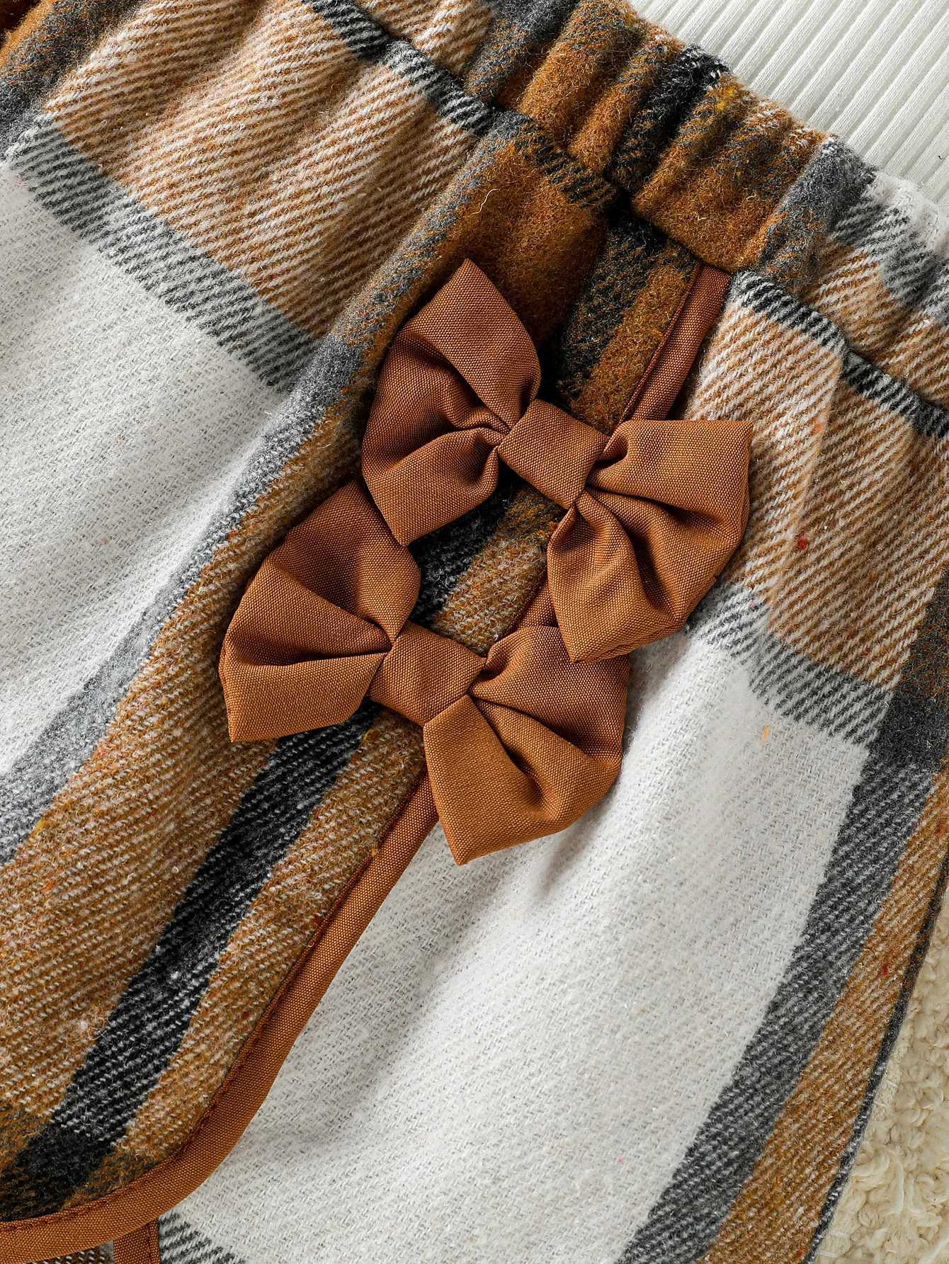 2025 3Pcs Kids Girls Autumn Skirt Set Long Sleeve Crew Neck Tshirt Plaid Skirt Fall Fashion Clothes Outfit Cloak For 16Y Suit L250926T3RO