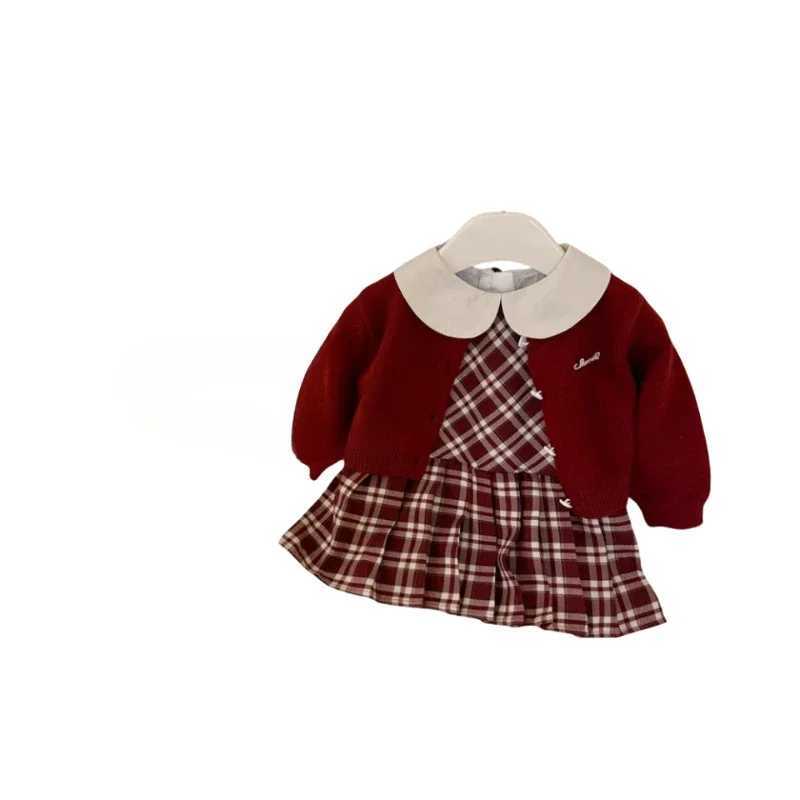 Autumn new baby girl plaid skirt solid color knitted cardigan sweater Korean college style twopiece set trendy L250926NVTS