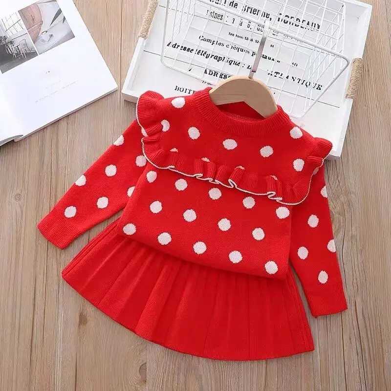 2022 Fall Girls Toddler Set Korean Style Baby Girl Cute Dot Knit Skirt Sets Winter Little Girl Party Casual Sweater Clothes L250926LJ49