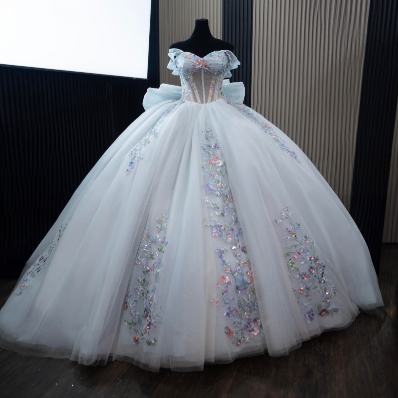 Sky Blue Shiny Quinceanera Dresses Off The Shoulder Sequin Applique Lace Beads Bow Corset Tull Party Birthday Sweet 16 Dress Vestidos 15 De Anos