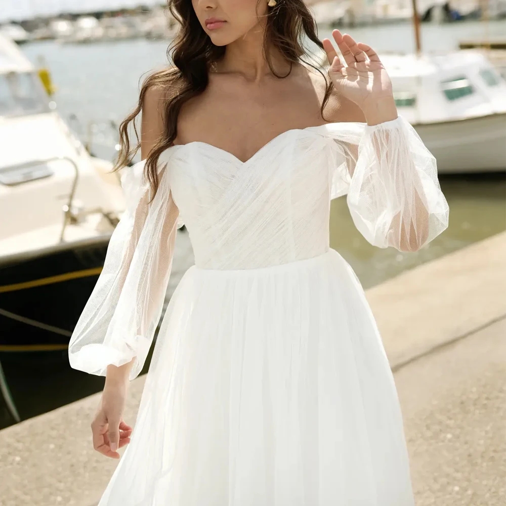 Elegant Wedding Dress 2026 Strapless Puff Sleeves Open Back Floor Length Tulle A-line Beach Bride Gown Bridal Gowns Vestidos De Noiva