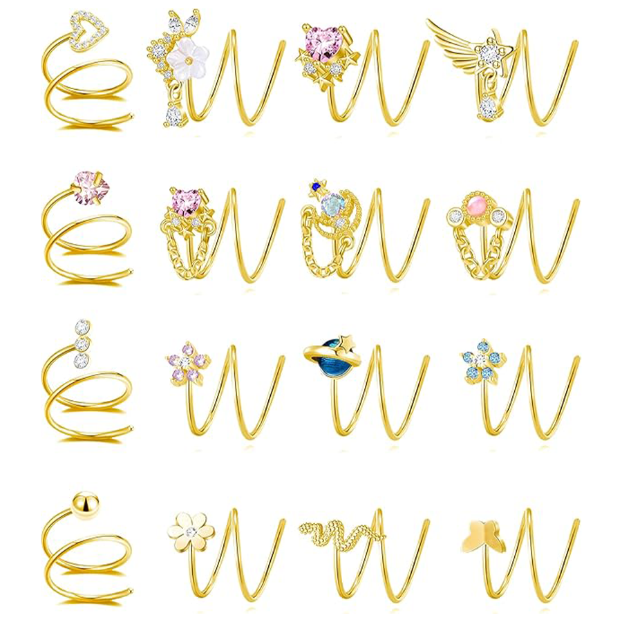 16PCS Nose Ring Hoop Stainless Steel Dangle Spiral Nose Rings Snake Flower Butterfly Wings Heart Ball Twist Earring Hoops Body Piercing Jewelry