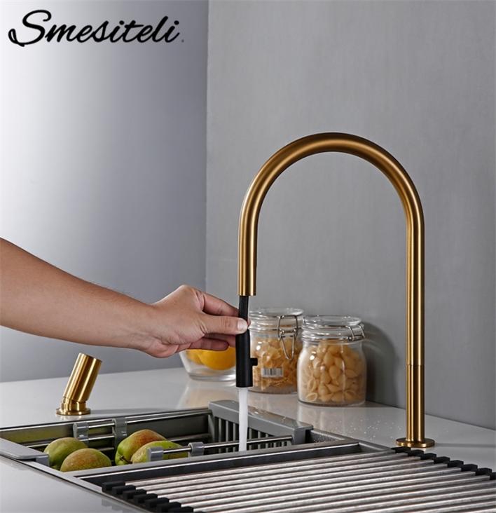 Smesiteli New Faucet Invisible Pull Out Sprayer Head Double Hole Single Handle And Cold Solid Brass Kitchen Sink Mixer Tap T208255589