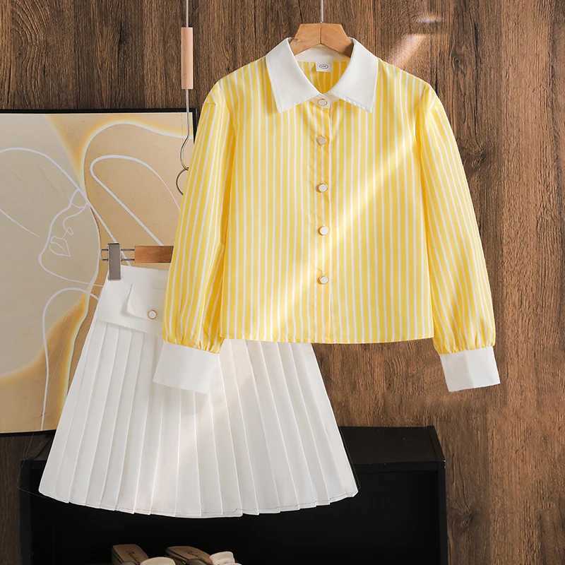 Girls Suit 2PCS Autumn New Solid Color Yellow Striped Turn Down Collar Long Sleeve Top White Pleated Skirt For Girls Daily Set L250926PL2A
