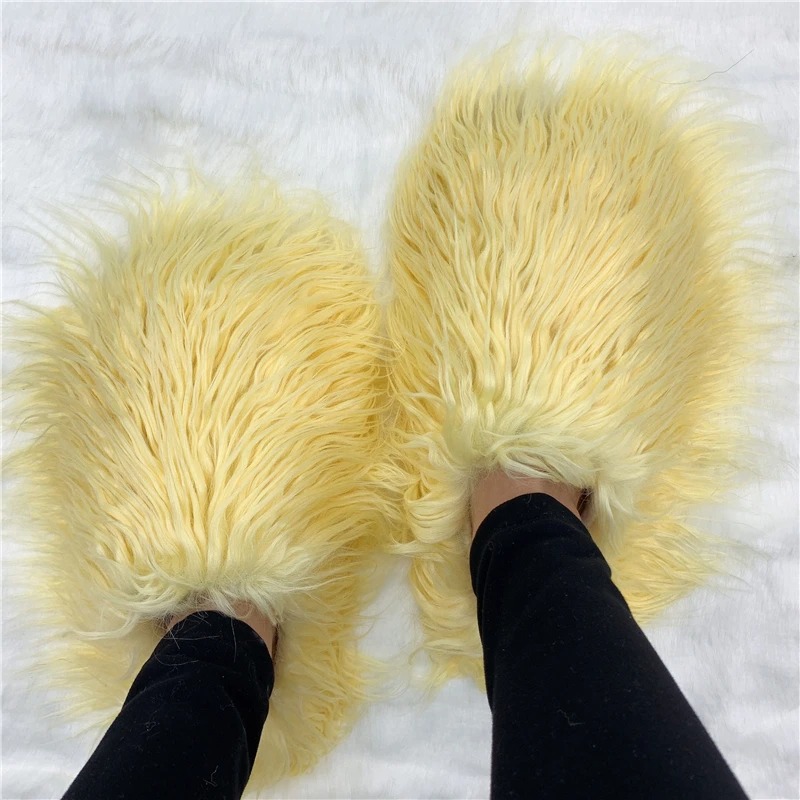 Luxury Fur Slippers Women Round Toe Mongolian Fur Slides Woman Shoes Female Full-Fur Slipper Footwear Soft Round Sole Designer Mongolian Woolen Padded