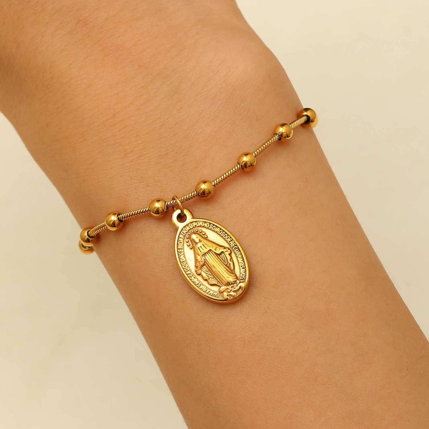 Lady Virgin Mary Cross Oval Stainless Steel Pendant Spacer Bead Chain Bracelet For Women