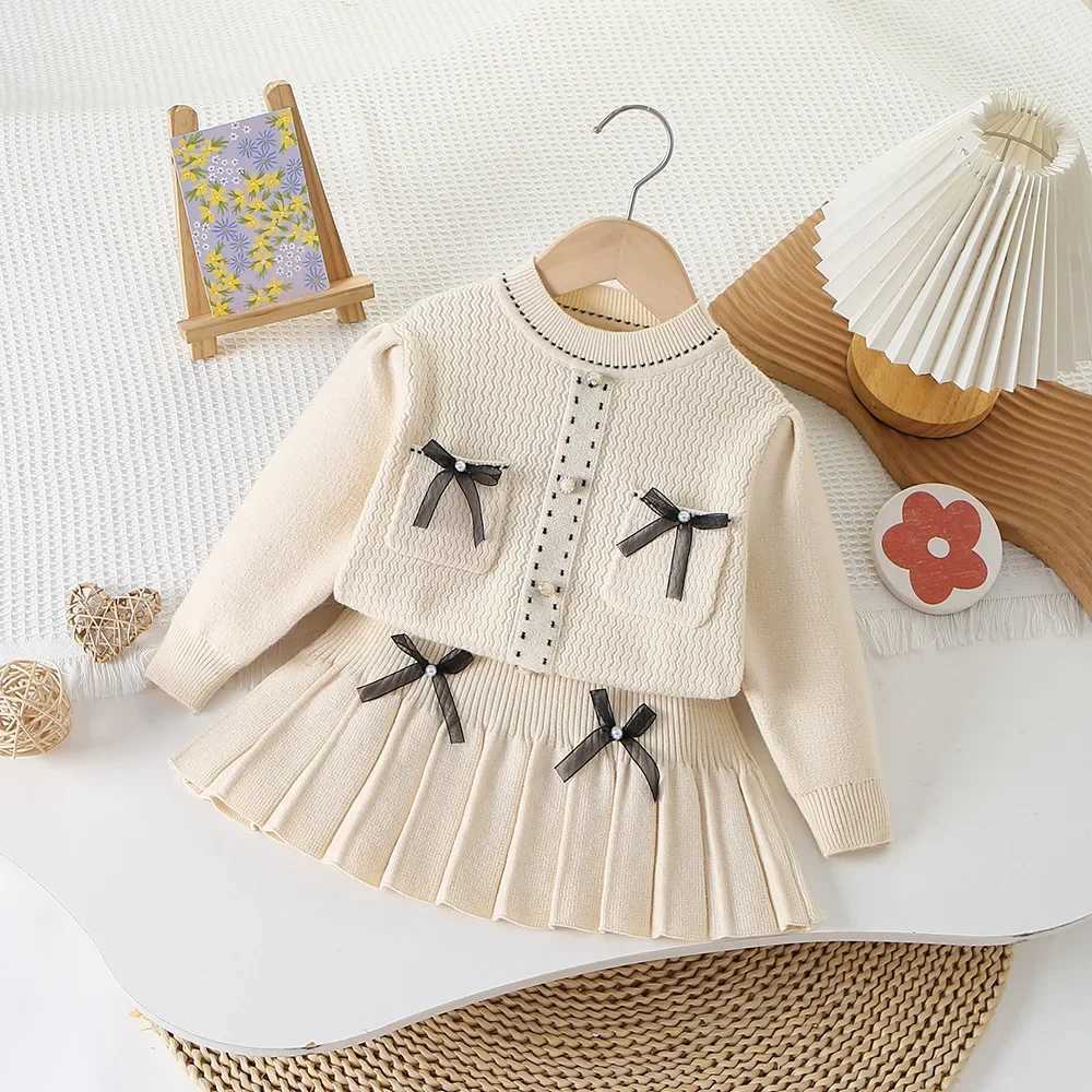 Girls pocket bow pullover sweater bow pleated skirt Small fragrance set sweater knitted sweater kids clothes L250926P1JN