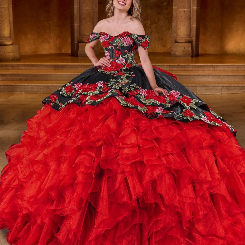 Red Shiny Quinceanera Dresses Off The Shoulder Applique Lace Beads Corset Tiered Tull Party Birthday Sweet 16 Dress Vestidos 15 De Anos