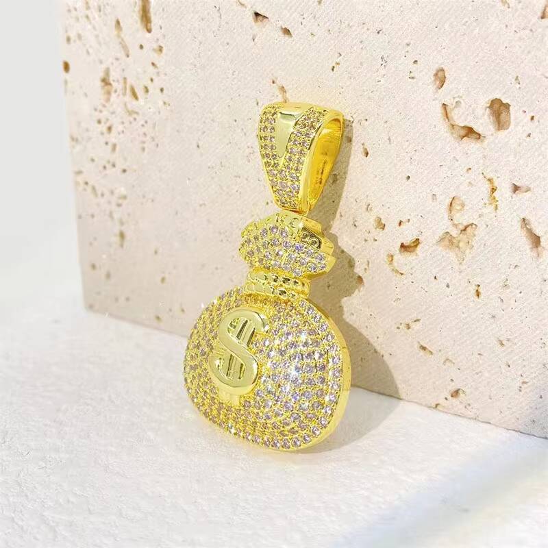 New Arrivals Hip Hop Iced Out Jewelry Vvs Moissanite 14k 18k Gold Plated Money Bag Custom Fine Silver Dollar Sign Pendant