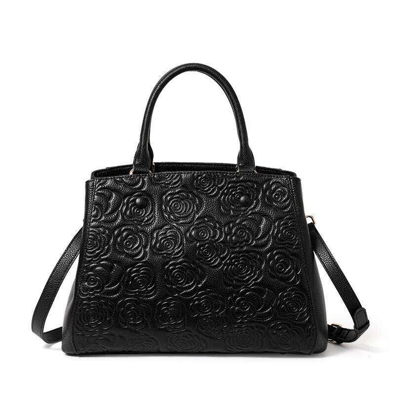 Leather high sense handbag top layer leather rose pattern slung shoulder bag