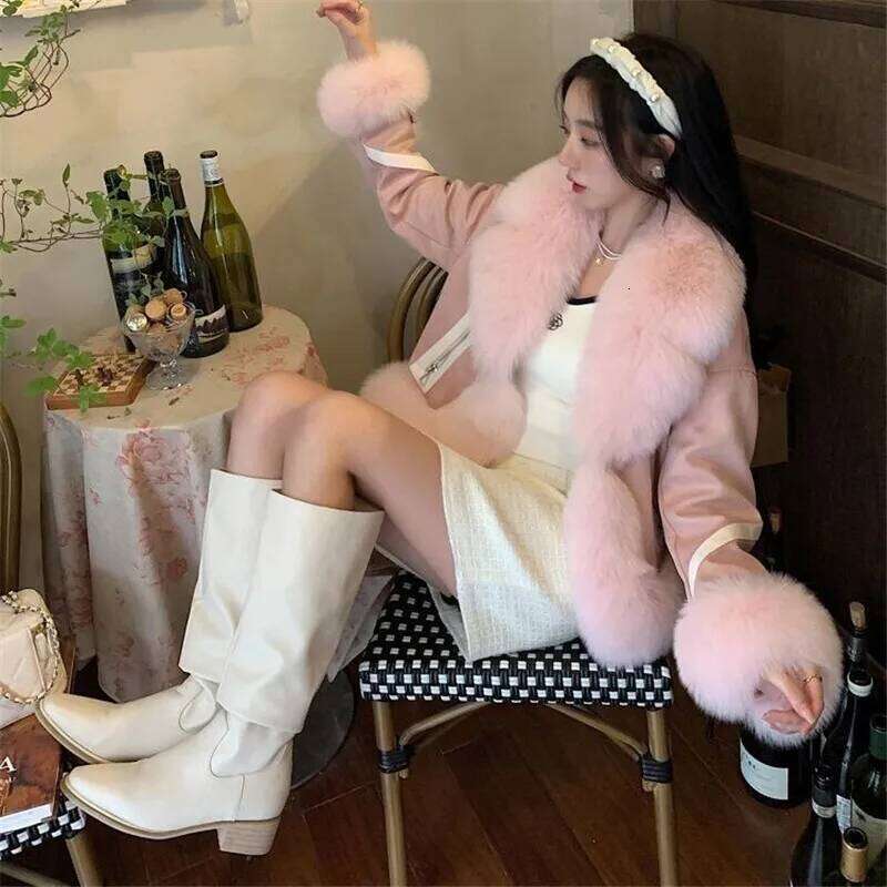 2025 New Imitation Fox Fur Coat Women Autumn Winter Fashion Short Add Cotton Thick Warm Suede Overcoat Female Slim Outwear T792