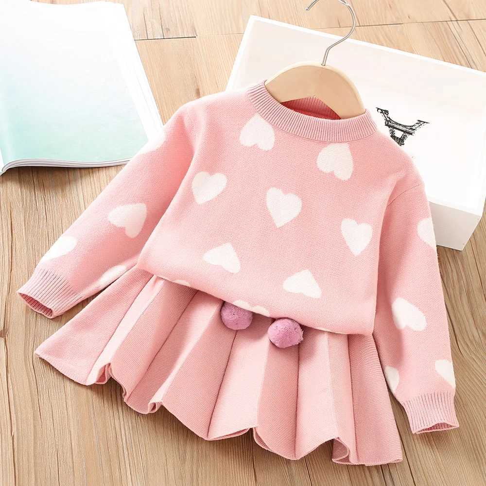 Spring Autumn Girls Clothing Set Heart Pattern Knitted Sweater Sweatshirt Ball Decoration Skirt 2Pcs Suit For Girl L2509268P7E