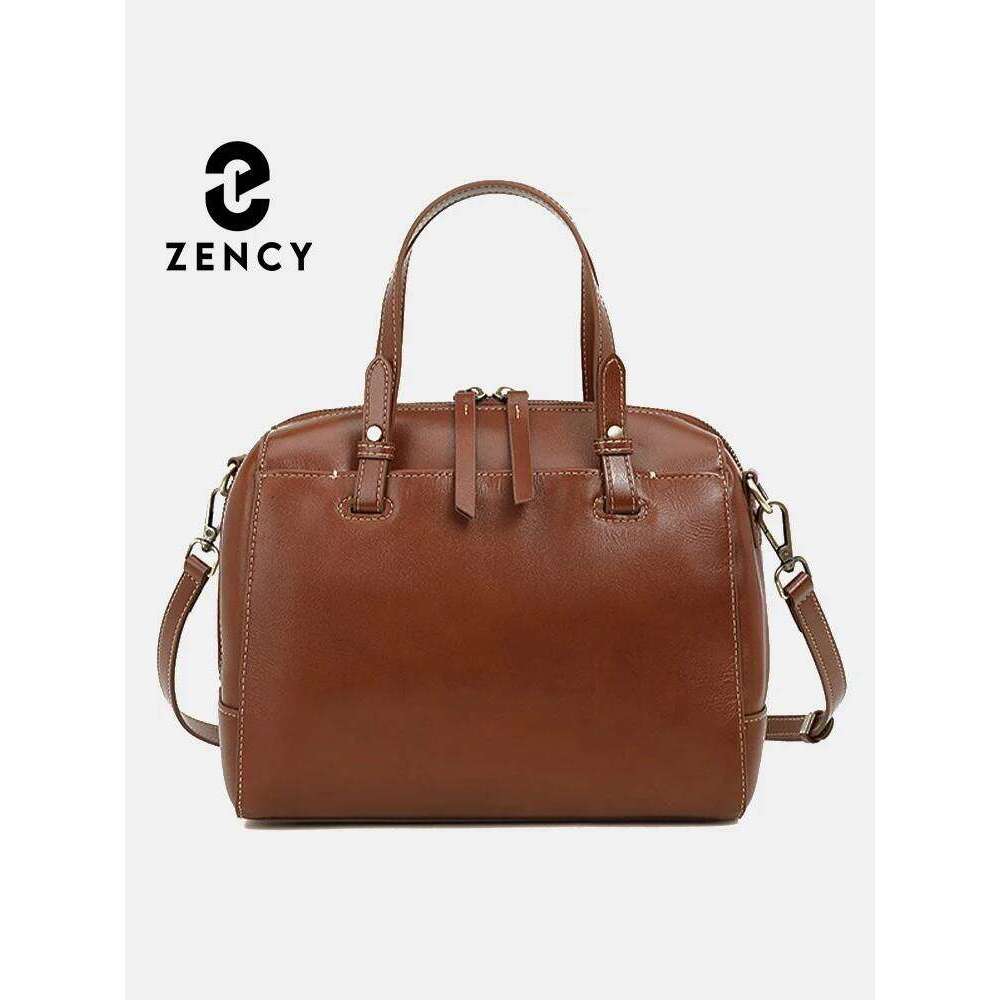 Zency Genuine For Women Large Capacity Shoulder Natural Leather Boston Bag Organizer Pockets Handbag Purse