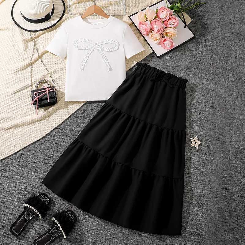 Girls Outfit White Bowknot Trim Tshirt Solid Black Frill Decor Aline Skirt Girls Suits OOTD Trendy Sets L2509260CWR