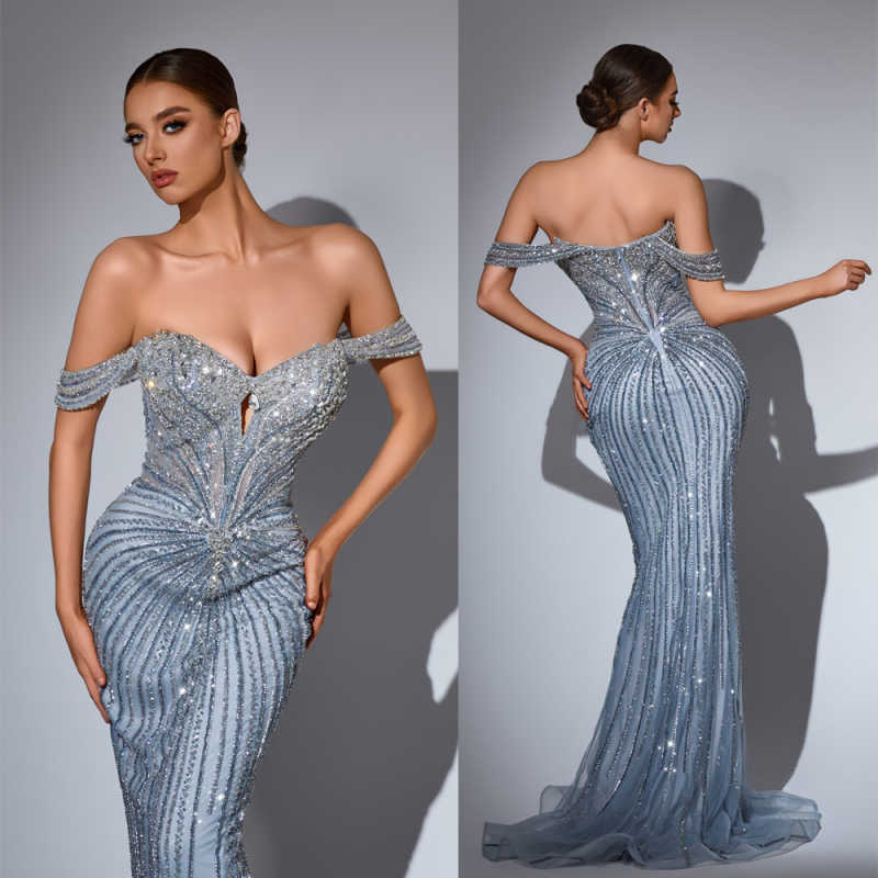 Sparkly Mermaid Prom Dress Off Shoulder Sleeveless Sequins Evening Dresses Luxury Crystal Floor Length Formal Gowns Customized