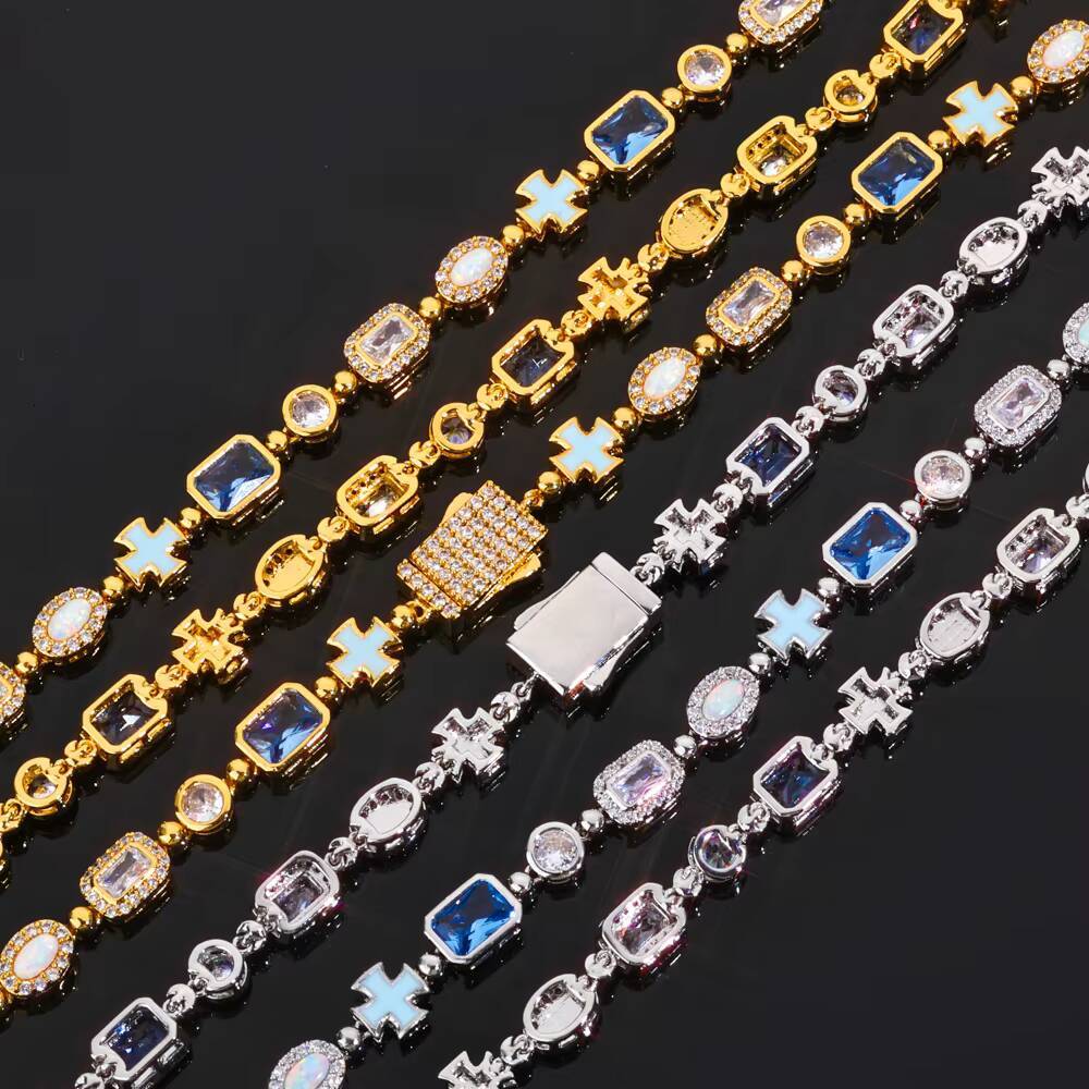 trend 6mm Oil Drip Cross Necklace Geometric Design Iced Out Colorful CZ Stones Hip Hop Fine Jewelry Chain