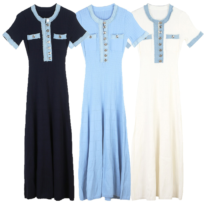 S family 2025 early spring French elegant denim splicing button round neck short sleeve commuting temperament French lady's daughter's dress