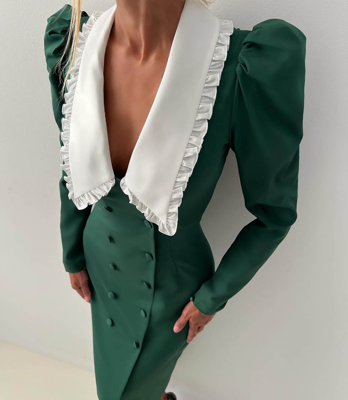 Puff Sleeve Women Blazer Custom Made Lace Collar Double Breasted Red Carpet Wear Slim Fit Jacket Dress One Pieces