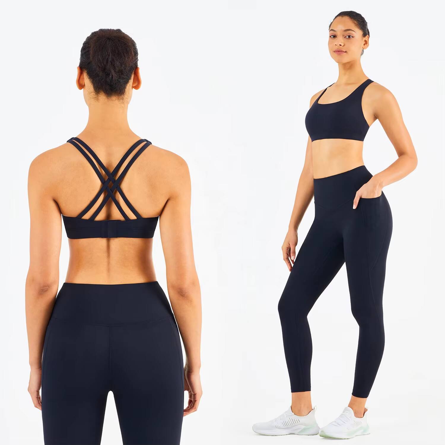 Two Piece Yoga Set Custom Sports Gym Set Women Seamless Buckle Sports Bra and Pocket Leggings