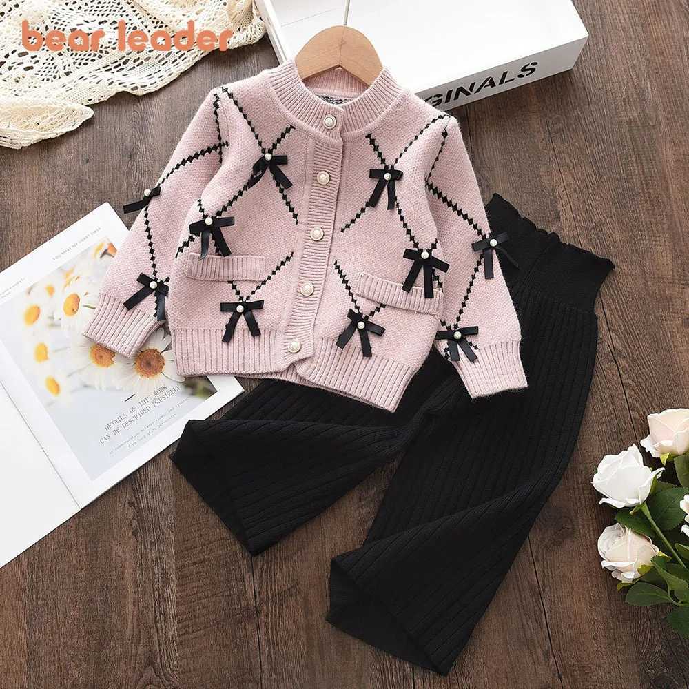 Bear Leader Winter Childrens Clothing Pearl Tie Accessories Cardigan Sweaterwide Leg Pants Twopiece Sets Kids Clothes Girls L2509265XF2