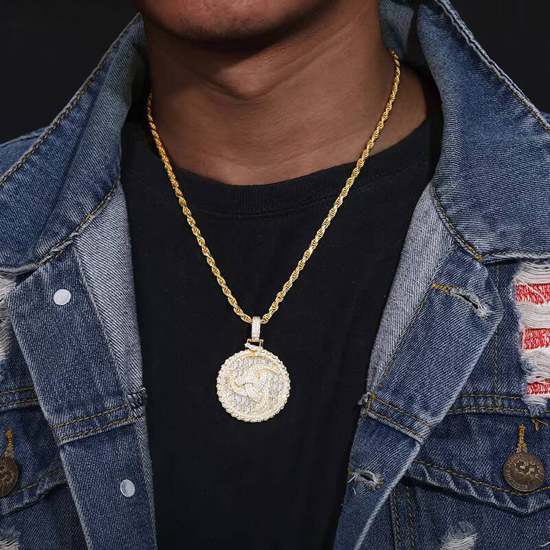 High Quality Baguette Moissanite Round Coin Pendant 925 Sterling Silver Lab VVS Diamond Iced Out Tourbillion Charm Necklace Men