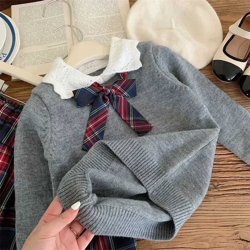 2025 Kids Boutique Clothes Girls Gray Sweater Plaid Skirt 2Piece Set Kawaii Knitwear Baby Girl Outfit L250926G56D