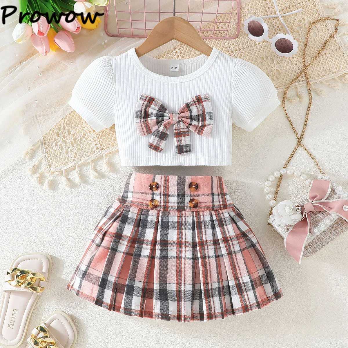 Prowow Summer Girl School Uniforms Plaid Bow Top and High Waist Plaid Skirt 2pcs Kids Academic Style Clothing Set 2025 L250926B00P