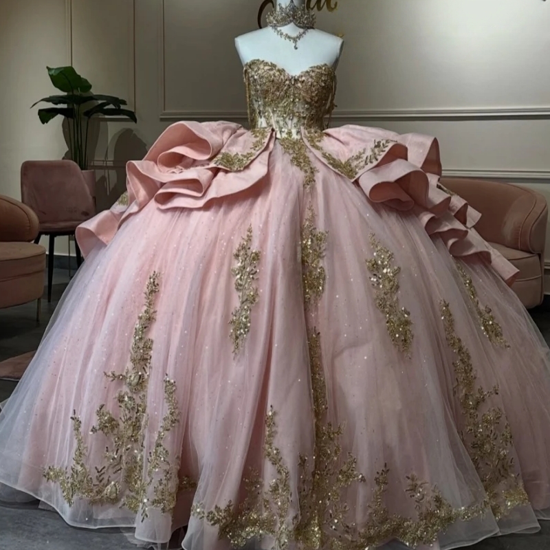 Pink Shiny Quinceanera Dresses Off The Shoulder Gold Applique Lace Beads Bow Corset Tull Party Birthday Sweet 16 Dress Vestidos 15 De Anos