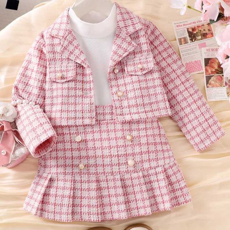 Children Toddler Kit Girls Small Fragrance Pink Plaid Suit Tweed Plaid Jacket Round Neck Pure Top Pleated Skirt Threepiece Set L250926VOAH
