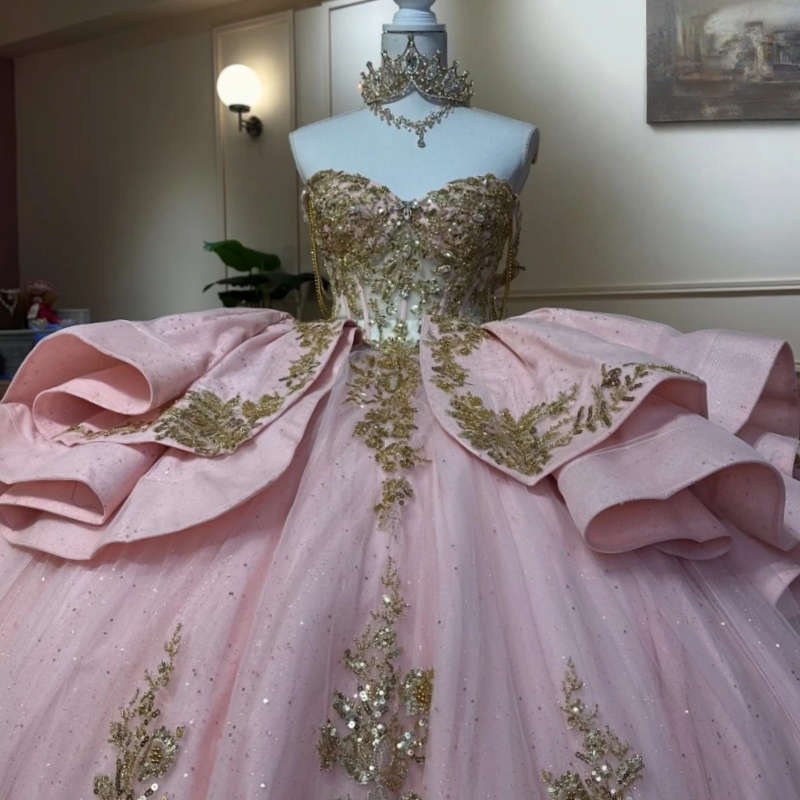 Pink Shiny Quinceanera Dresses Off The Shoulder Gold Applique Lace Beads Bow Corset Tull Party Birthday Sweet 16 Dress Vestidos 15 De Anos