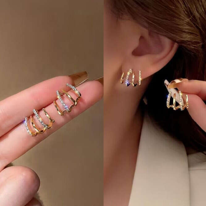 Four-Claw Row Fashion Dia-Studded Curved Stud Earrings for Women Simple Niche Design Sense Minimalist Style Ear Jewelry