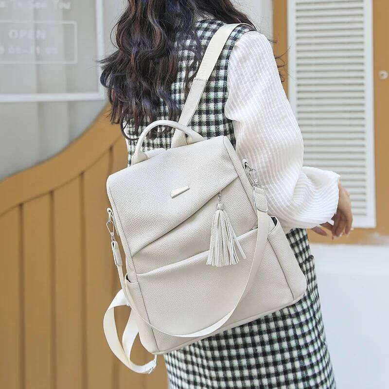 Fashion Womens PU Anti-theft Backpack Tassel Decorative Casual Travel Female Shoulder Bag Large Capacity Student School Pack