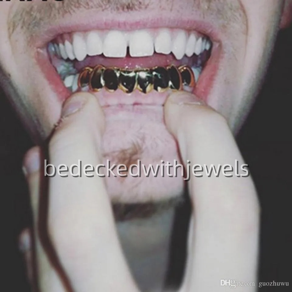 Mens Gold Grillz Teeth Set Fashion Hip Hop Jewelry High Quality Eight 8 Top Tooth & Six 6 Bottom Grills Custom Made Dental Grillz Iced Out Sterling Si